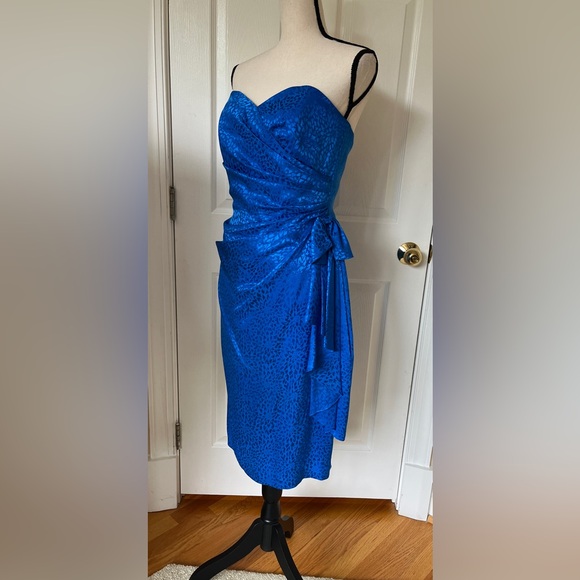 I. Magnin Silk Cocktail Dress Vintage 90s Royal Blue Sweetheart Neck Strapless - Picture 2 of 12